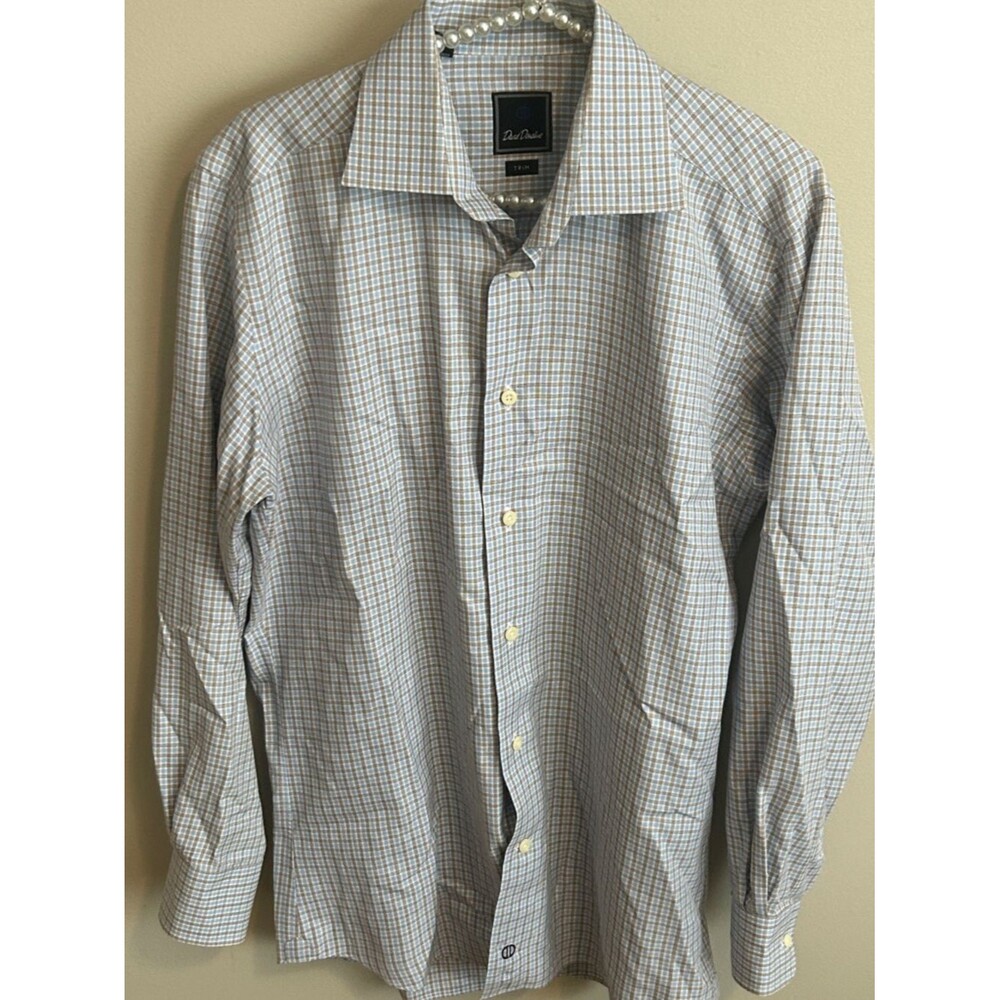 David Donahue Blue & Tan Plaid Dress Shirt 15.5 32/33 Trim Fit